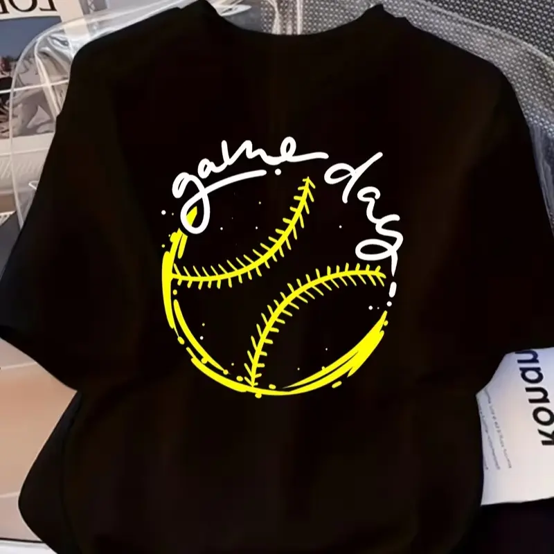 Unisex Hand Drawn Yellow Baseball "Game Day" Cursive Script Graphic T-Shirt, Softball Baseball Fan Sports Mom Casual Short Sleeve Tee