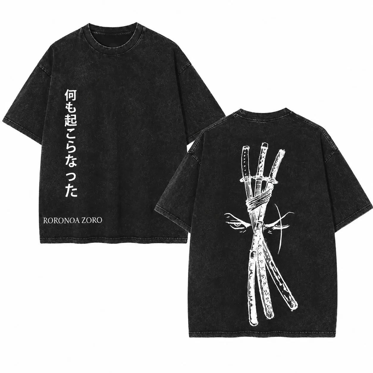 One Piece Roronoa Zoro Nothing Happened Japanese Quote Vintage Washed Black Oversized T-Shirt Streetwear