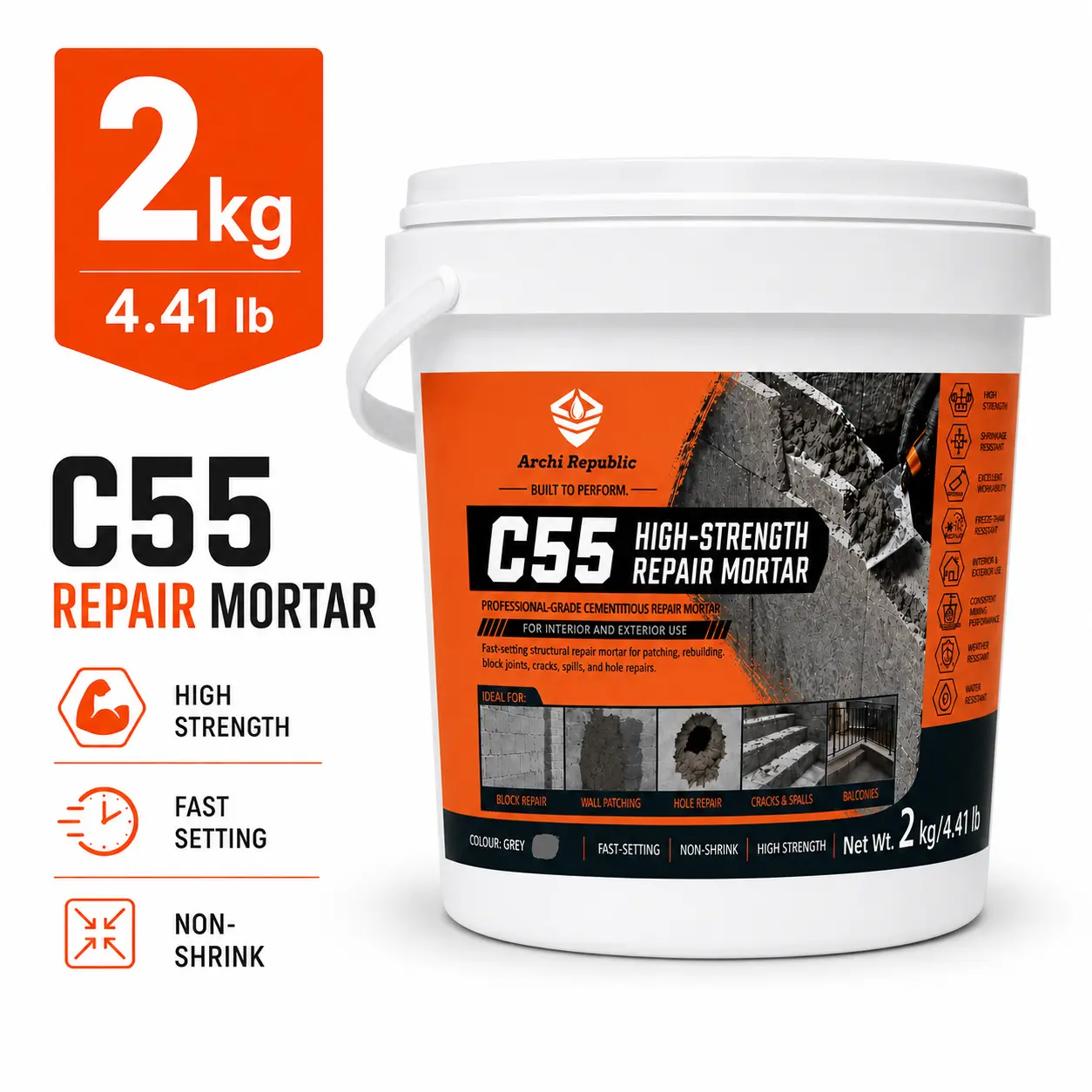 C55 High-Strength Repair Mortar, 4.41 lb / 2 kg Fast-Setting Non-Shrink Cementitious Patch for Concrete Cracks, Holes, Walls & Exterior Repairs