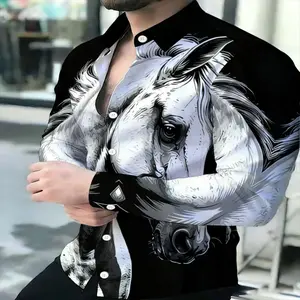 Menswear Long-Sleeve Printed Shirt - Horse Pattern, Black and White Polyester Fashionable Casual Artistic Top