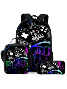 Game controller cyberpunk printed backpack three piece set lunch bag pencil case backpack