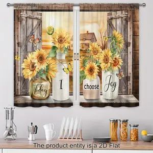 2D Flat, 2D Flat Rustic Sunflower Kitchen Curtains Farmhouse Barn Wood Floral Flower Blossom Butterfly Rod Pocket Quotes Vintage Sunset Country Bedroom Living Room Fabric, 2D Flat