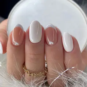 24pcs Short Oval French Press-On Nails, Heart Design, Includes Jelly Glue and Nail File, Perfect for Women and Girls, Nail Extension Set