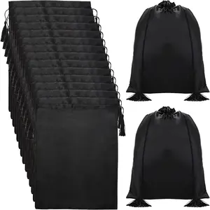 16 Pcs Silk Wig Bags 12"x16", Black Gift & Travel Bag with Drawstring Tassel, Hair Bags for Packaging Wig, Bundles, Hair Extensions, Sacks for Home, Salon, Travel