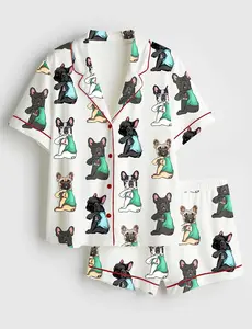 French Bulldog Pajamas, Satin PJs for Frenchie Mom, Cute Dog Print Long Sleeve Sleepwear, Mother's Day Gift for Her, Frenchie Lover Lounge