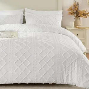 5 count Boho Duvet Cover  Size, White Tufted Duvet Cover with Zipper & Ties, No Comforter, Shabby Chic Textured Bedding for Farmhouse Country, Breathable & Soft Microfiber