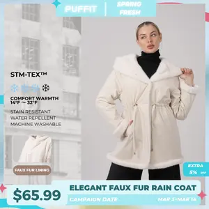 PUFFIT STM-TEX Faux Fur Lining Mid Length Rain Coat,Adjustable Waist Design,Oversized Eco-Friendly Fleece Hood,Offering Warmth, Comfort, And An Elegant, Premium Feel,Beauty And Warmth For Both Style SpringStatements