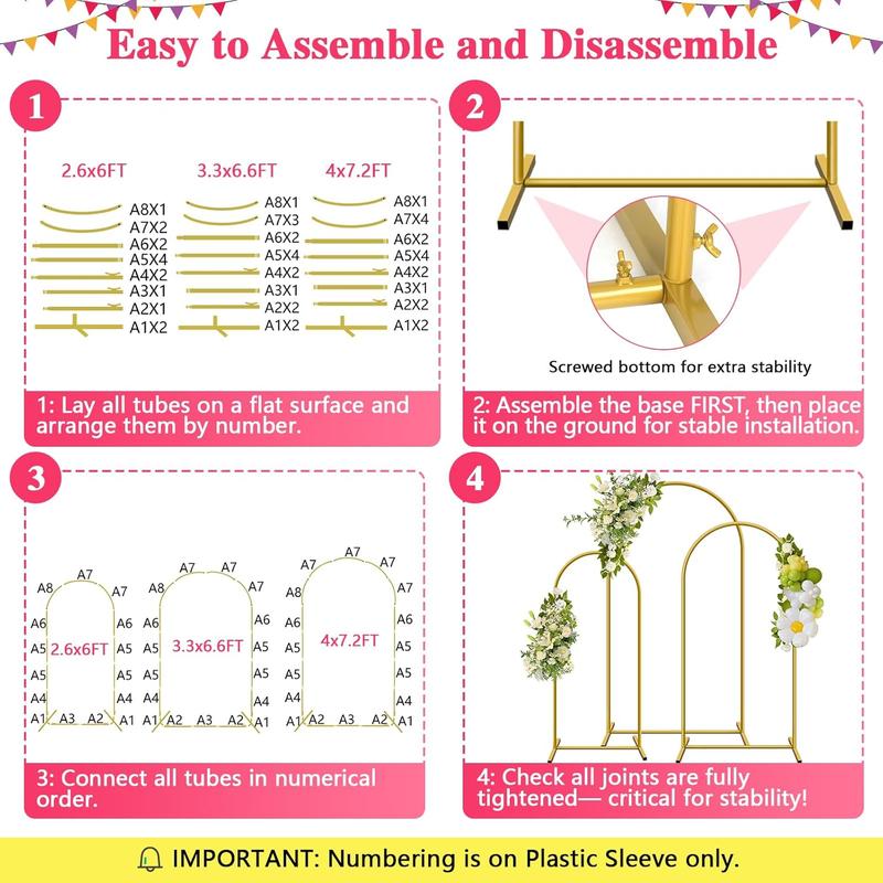 Metal Arch Backdrop Stand, Set of 3 (6/6.6/7.2 ft) Wedding Arched Frame , Stable Arched Background Stand for Wedding, Baby Shower, Birthday Party, Photography, Gold