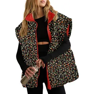 Imily Bela Womens Floral Oversized Puffer Vest Cap Sleeve Winter Warm Puffy Quilted Jackets Coat