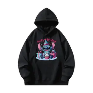 Disney Stitch 280g Hoodie in Polyester Blend with Happy Birthday Design Featuring Stitch in a Party Hat Black Pullover Long Sleeve Casual Wear