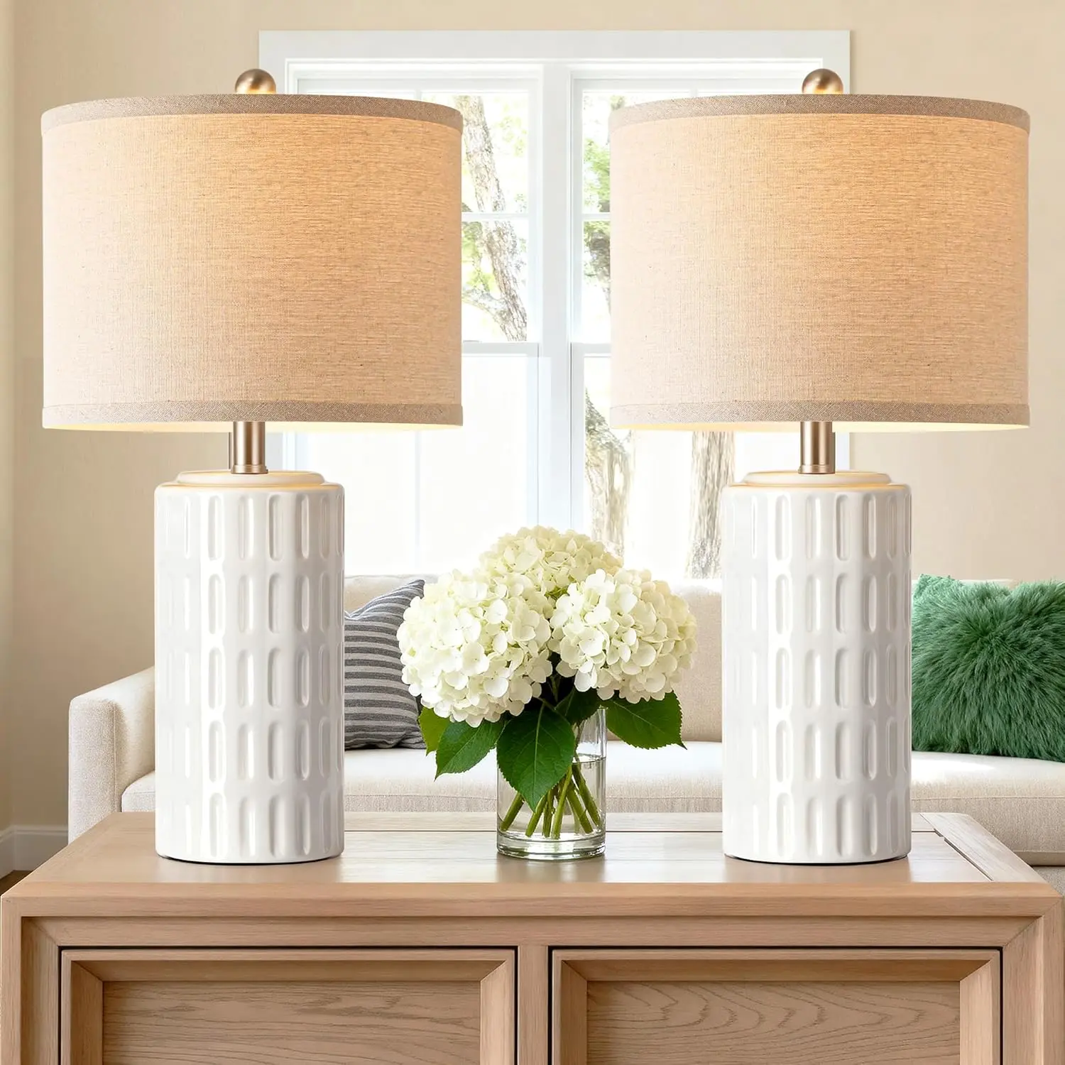 23" Farmhouse Modern Ceramic Table Lamp Set of 2 - White Bedside Lamps for Bedroom & Living Room, Nightstand, Desk, End Table