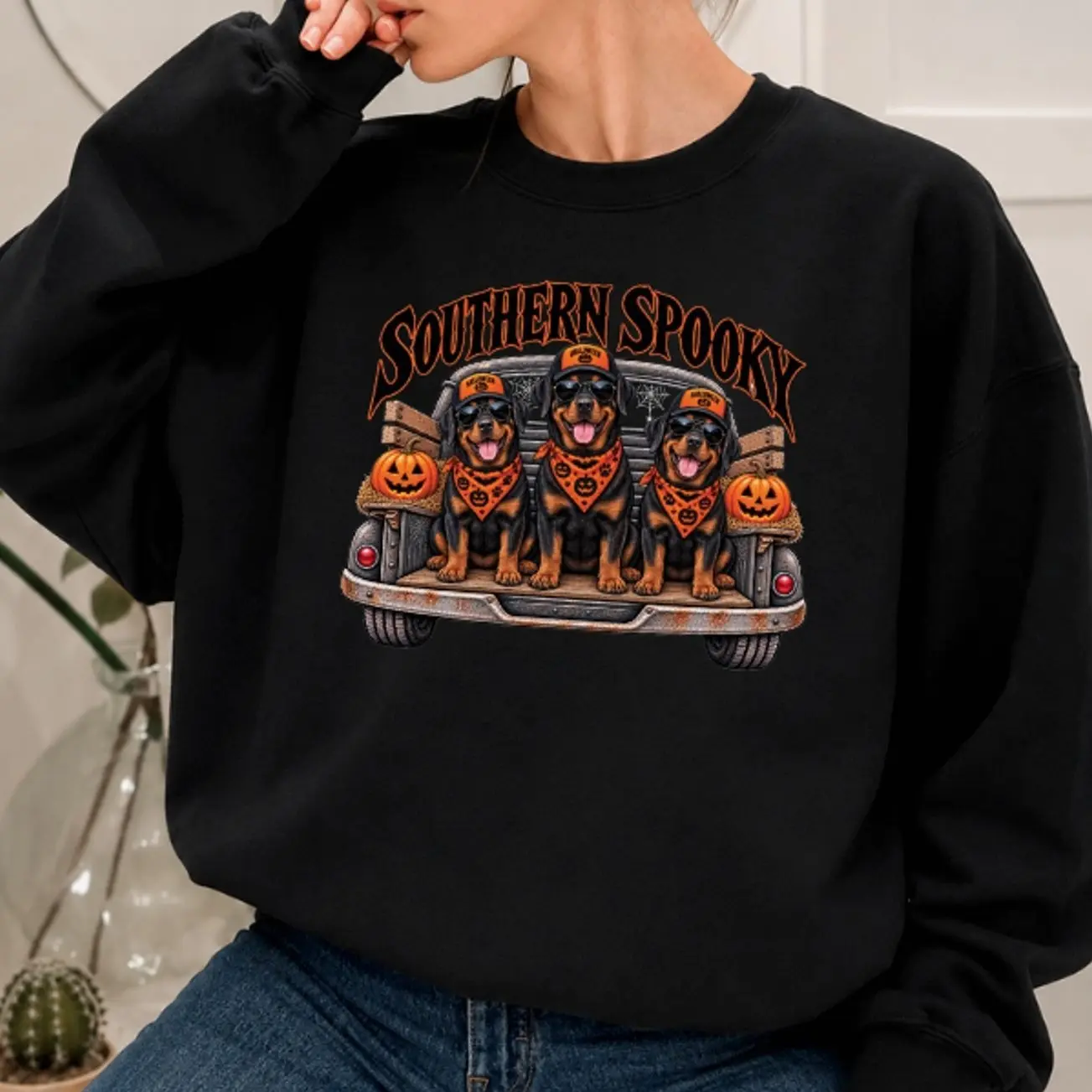 Rottweiler Halloween Sweatshirt, Spooky Dog Crewneck, Pumpkin Dog Lover Sweatshirt, Halloween Pet Lover Gift