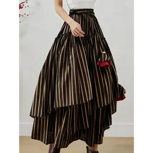 Striped Print Skirt, with Bell-Shaped Tassels, Loose Fit, Multi-Panel Ruffled Patchwork, Elastic Waistband, Suitable for Casual Wear, Elegant Women'S Skirt