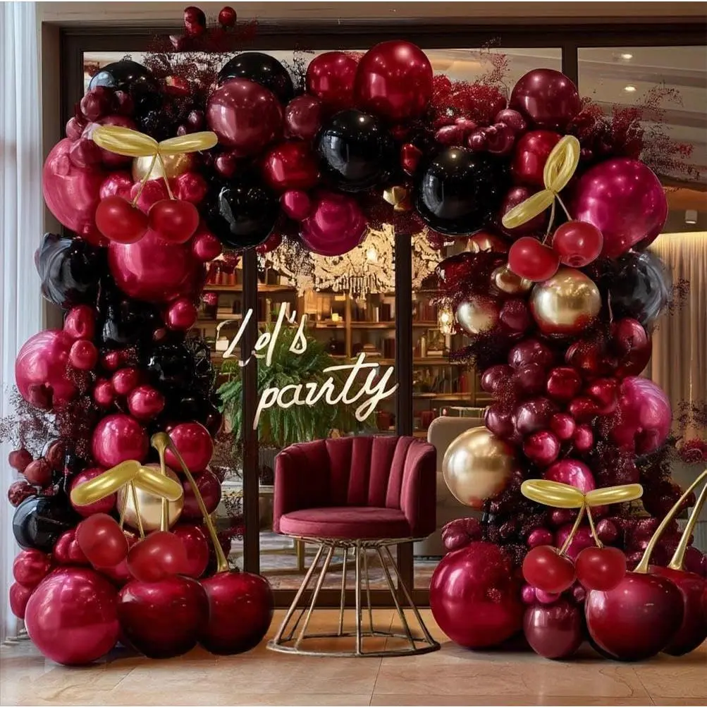 Double-Stuffed Balloon Arch & Garland Kit - Cherry, Metallic Burgundy, Dark Ruby Red, Maroon, Black, Gold Latex Backdrop, Photo Birthday Graphic, Stars Balloons - Wedding, New Year Party Decor (Home & Festive Supplies), Balloon Decor, Curling Ribbon