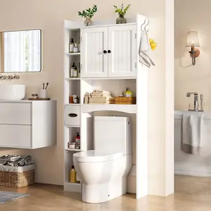 66" Large Capacity Above Toilet  Cabinet, Bathroom  Cabinet Multi-Level Open Shelves And Adjustable Closed  With 2 Doors, 2 Hooks, Waterproof Paper Towel Holder, Anti-Tipping Device, Suitable For Bathroom, Toilet filing Stackable Storage Bin Wheels Lid