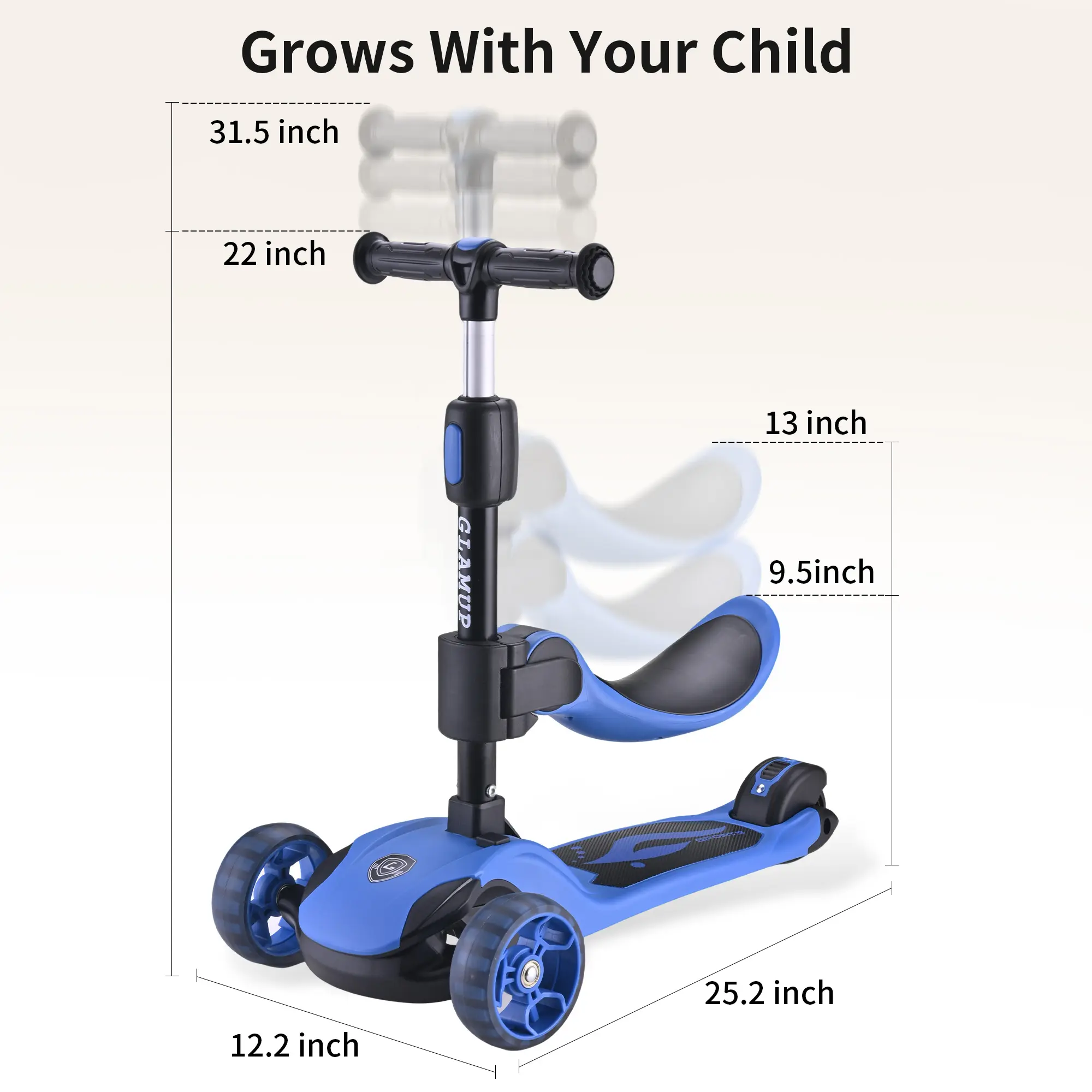GLAMUP 2-in-1 3-Wheel Kids Scooter, Foldable with Seat, LED Wheels