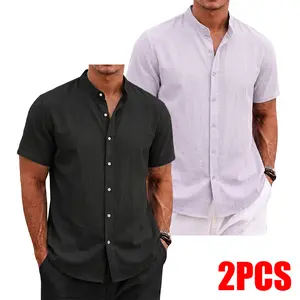 Men's 2 Pack Linen Blend Short Sleeve Shirts, Mandarin Collar Button Down Tops, Breathable Casual Shirts for Daily & Beach Wear