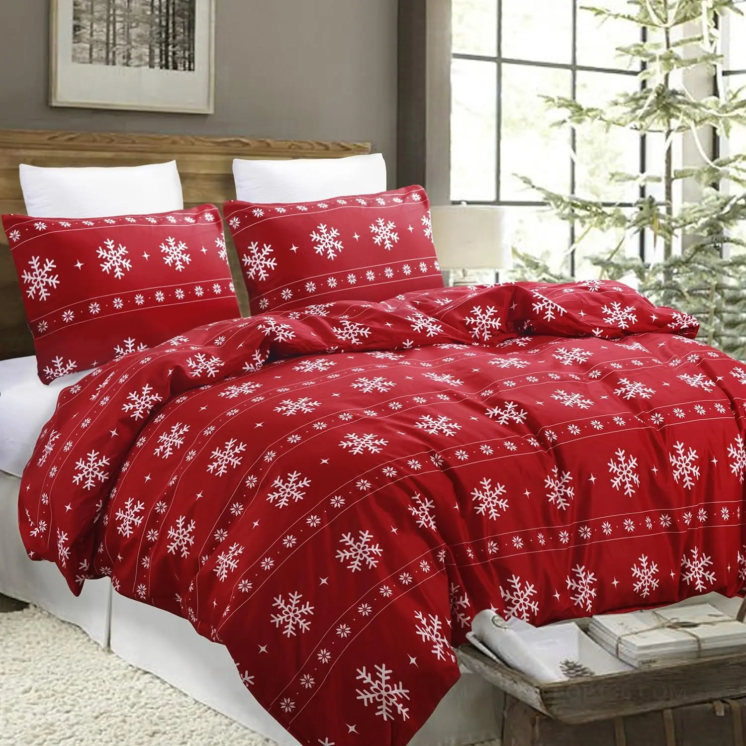 Single/Queen Size Modern Microfibre Duvet Cover Set - Durable, Lightweight, Red Snowflake Print, Holiday Christmas Bedding, 1 Duvet Cover, 2 Pillow Shams, Not Included