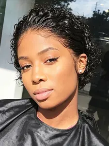 Pixie Cut Curly Wave Human Hair Wig for Women Natural Looking Wig 13x1 Transparent Lace Frontal Human Hair Wig 150% Density 6 Inch