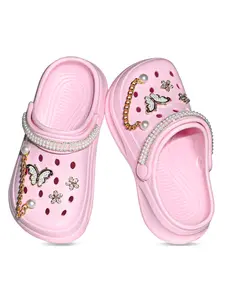Girls' Comfortable Casual Garden Shoes, Round Toe Design, Eva Material, Non-Slip, One-Piece Slip-On, Butterfly and Pearl Decorations