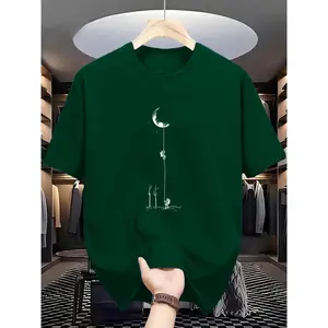 Men's Graphic Tee - Comfortable, Stretchy, Moon Landing Print for Summer Outdoor Activities, Casual Street Style (Black, Burgundy, Dark Green, Blue, Grey)