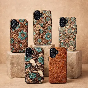 Western Cowgirl Floral Phone Case Collection Turquoise Tooled Leather Print Style Cover for Iphone 17 16 15, Floral Mexican Rustic Case Gift