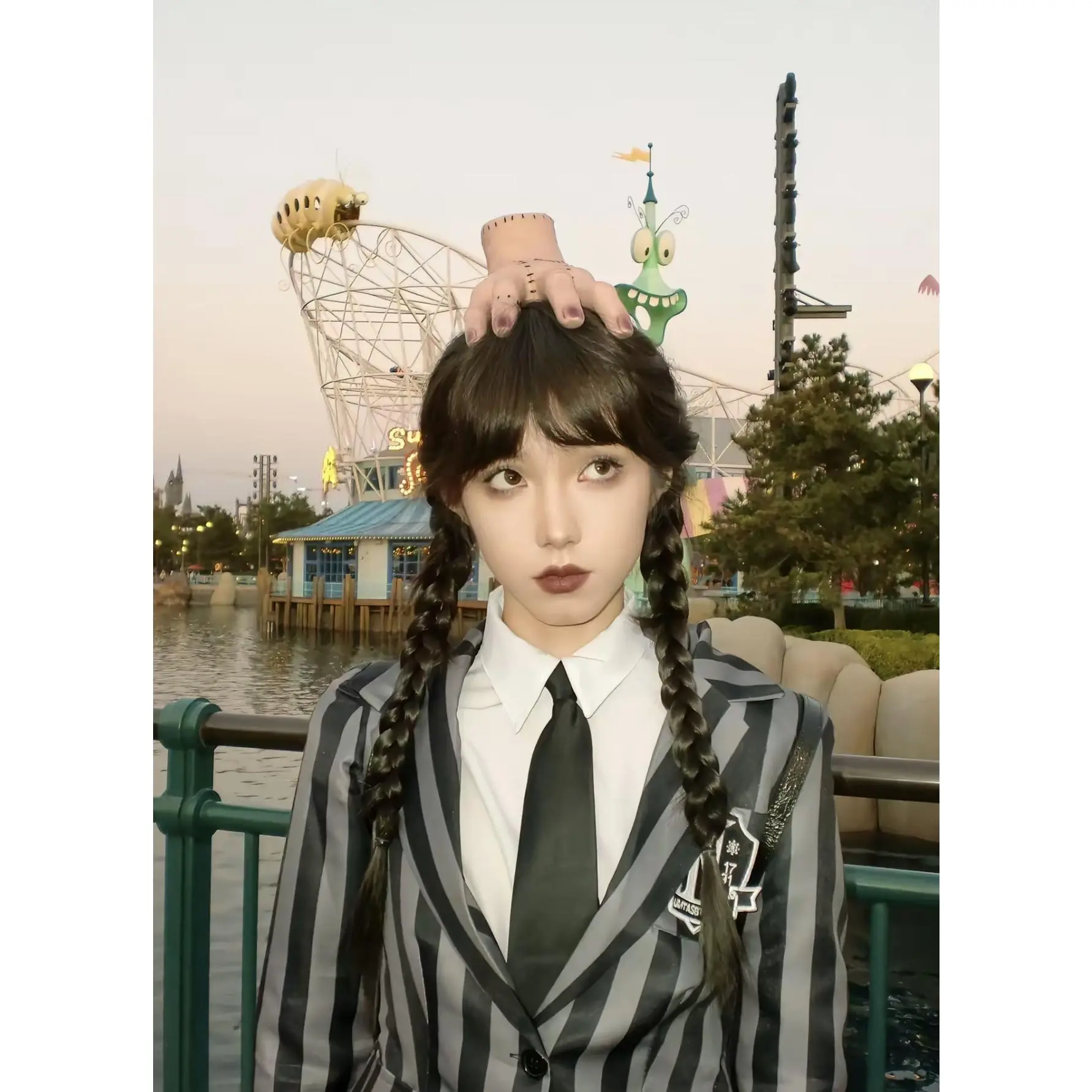 Wednesday Addams Nevermore Academy Uniform Cosplay Costume for Women Striped Blazer Long Pleated Skirt Full Set Halloween Party Outfit