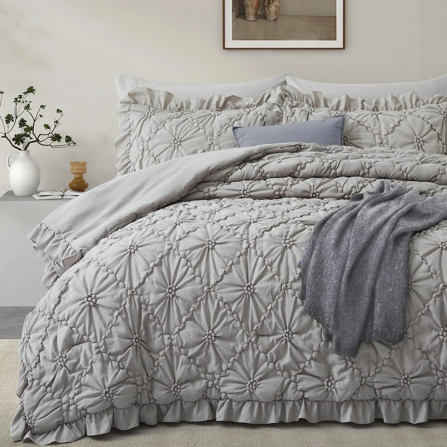 Size Comforter Sets,Grey Bedding Comforter Set, 3 count Pinch Pleat Bedding Sets with Comforter and Pillowcases Soft Farmhouse Shabby Chic Comforter for All Season