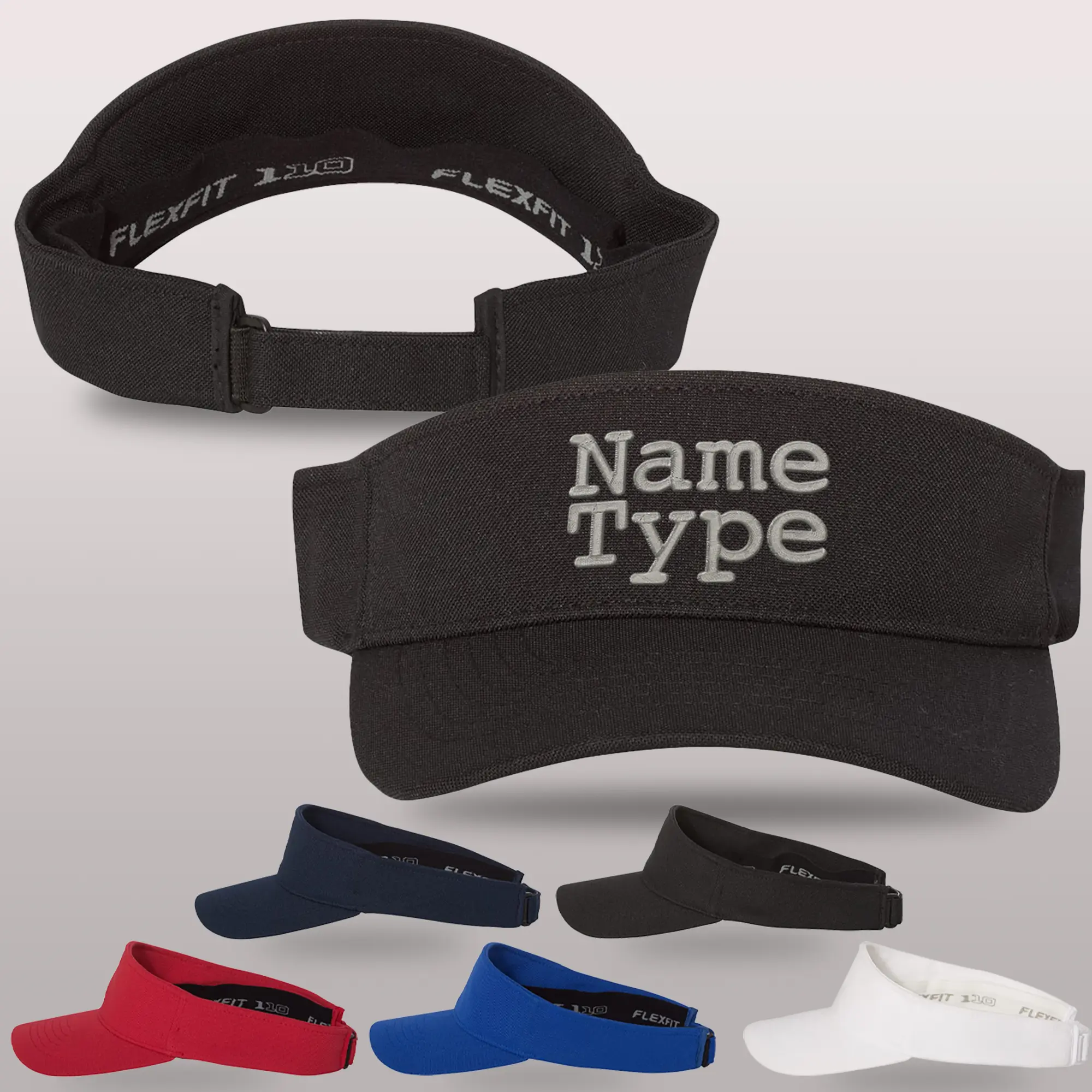 High End Custom Embroidery Visors Flexfit 110. Customizable with Text & Logo, Message us