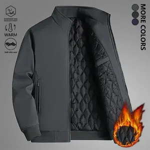 Men’s classic solid cotton jacket, thickened windproof warm stand-collar coat with side zipper pockets for autumn/winter daily commuting, outdoor hiking, dining, and travel; black long-sleeve menswear top