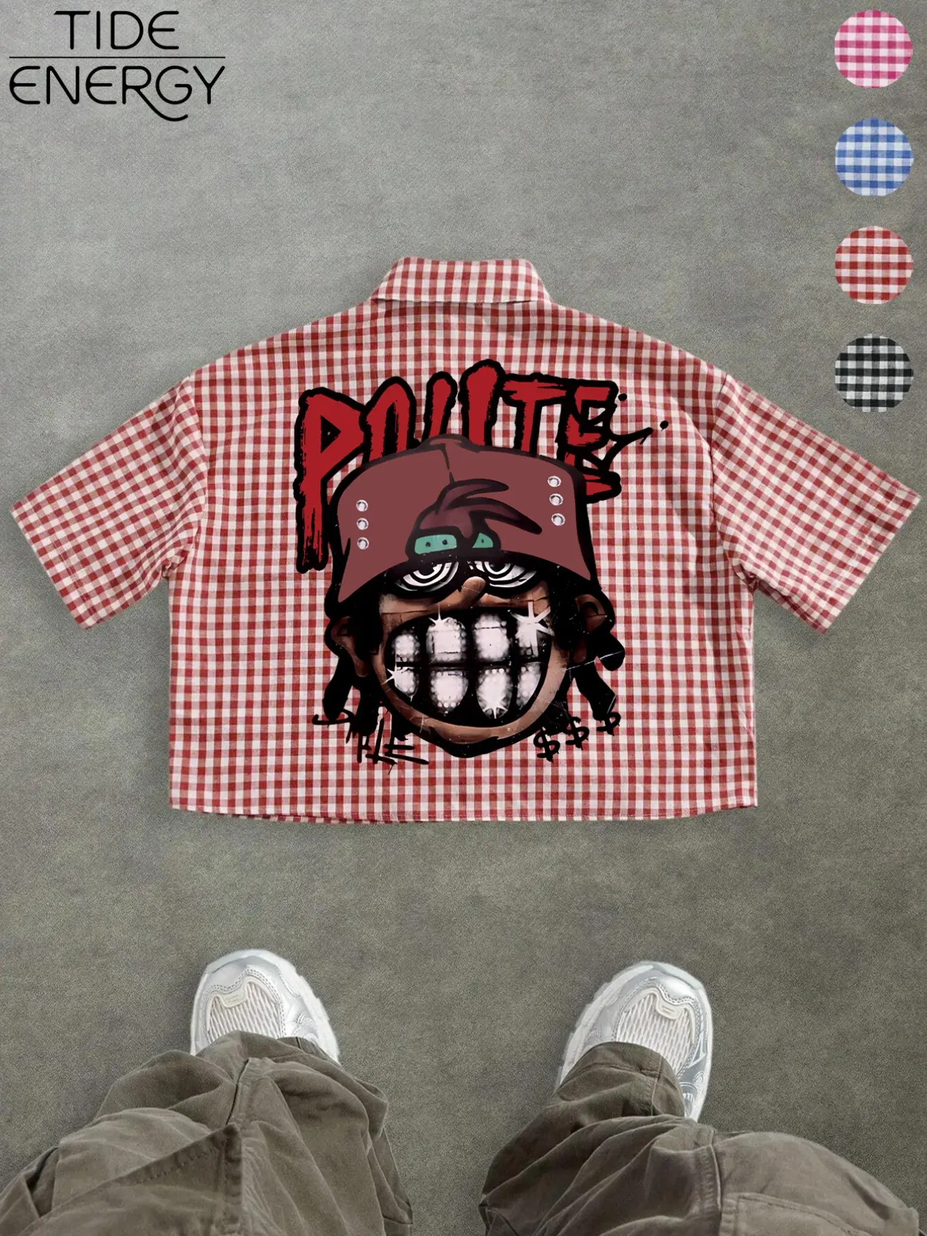 Men's Oversize Graffiti Graphic Print Checkered Short Sleeve Shirt, Hip Hop Street Style Vibe Casual Top, Summer Streetwear Fashion Menswear Oversized