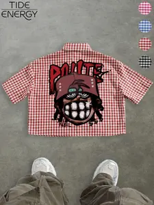 Men's Oversize Graffiti Graphic Print Checkered Short Sleeve Shirt, Hip Hop Street Style Casual Top, Summer Streetwear Fashion Menswear Oversized