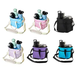Family Size 4-Compartment Drink Bag with Adjustable Strap Multiple Tumbler Carrier Caddy Outdoor Hiking Walking Insulated Beverage Holder in Various Colors