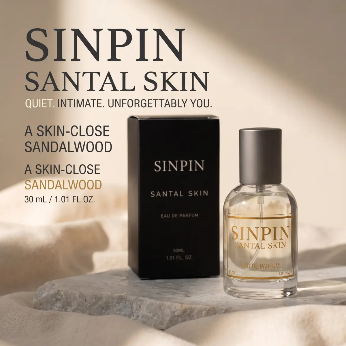 SINPIN SANTAL SKIN 30mL Eau de Parfum, Unisex Skin-Close Sandalwood Fragrance, Quiet, Intimate and Warm