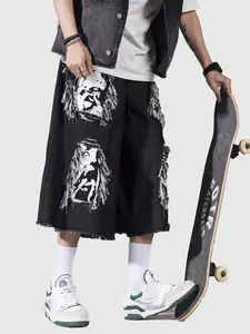 Retro 90s Vintage Hip Hop Gothic Face Print Distressed Capris Black Faded Streetwear Baggy Denim Shorts Wide Leg Baggy Denim Capris, Casual, Daily Wear, Street Style, Alt Outfit, Summer Wear
