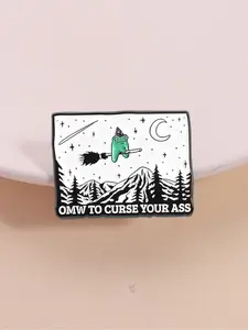 Cartoon Badge Dark Humorous Frog Wizard Creative Brooch, Broom Curse Slogan Star Moon Mountain Forest Design, Suitable for Mystical Enthusiasts