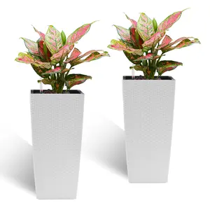 22 Inch High Pack of 2 Large Square Faux Rattan Planters, Self-Watering Flower Pots with Automatic Watering System & Drainage, Modern White Decorative Planter for Indoor Outdoor Use, Perfect for Porch, Patio, Backyard, Garden