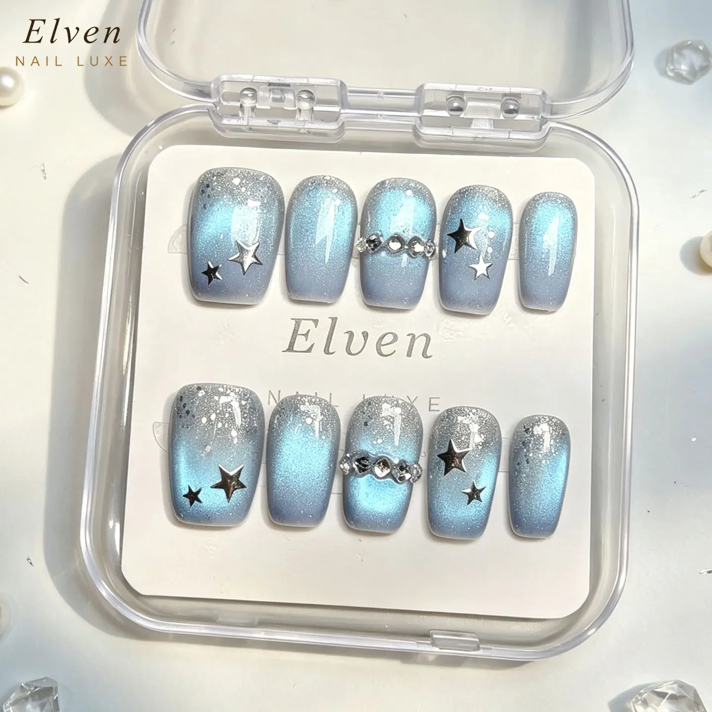 Handmade Blue Silver Cat Eye Press On Nails With Star Charms & Crystal Chain Accents, Y2K Short Square Reusable Fake Nails For Dreamy Y2K Night Sky Wear
