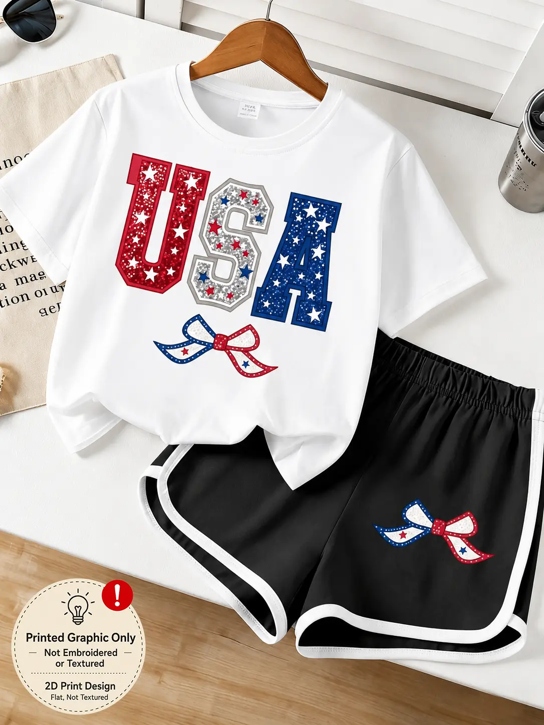 Girls' 2-Piece Patriotic Outfit Set, USA Graphic Short Sleeve T-Shirt and Bow Print Shorts, Summer Casual Kids' Clothes