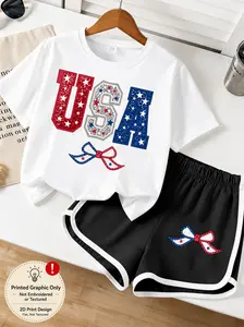 Girls' 2-Piece Patriotic Outfit Set, USA Graphic Short Sleeve T-Shirt and Bow Print Shorts, Summer Casual Kids' Clothes