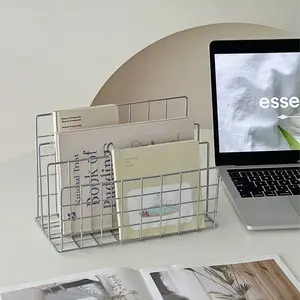 Modern Metal Bookshelf with Three Storage Baskets, Simple Iron Desk Organizer, Multi-Functional Magazine Newspaper Holder for Home Office