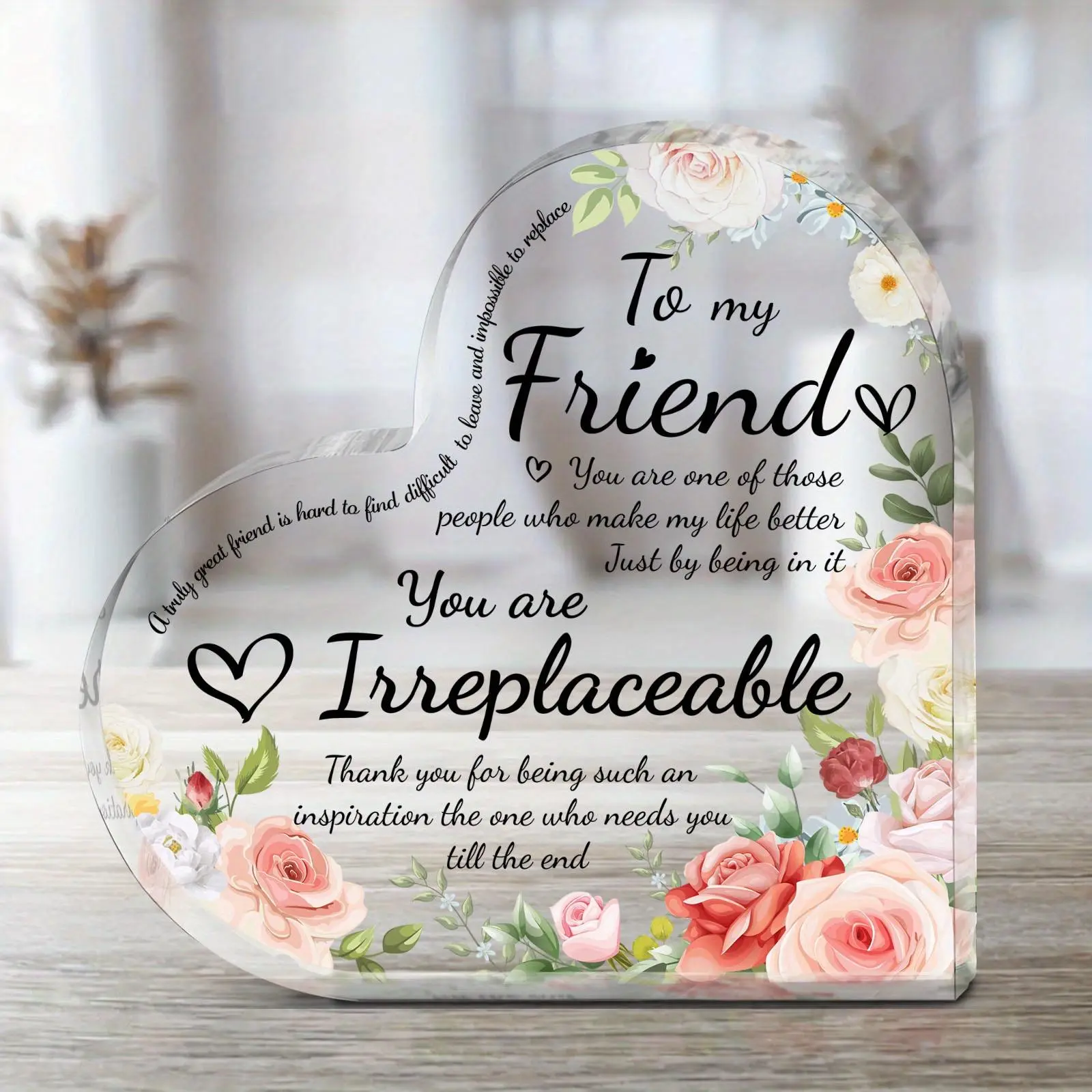 Heart Shaped Acrylic Plaque, 1 Count Floral Pattern Creative Desktop Ornament, Novelty Desk Decor, Festive Decoration Ornament for Home Office Room Bedroom