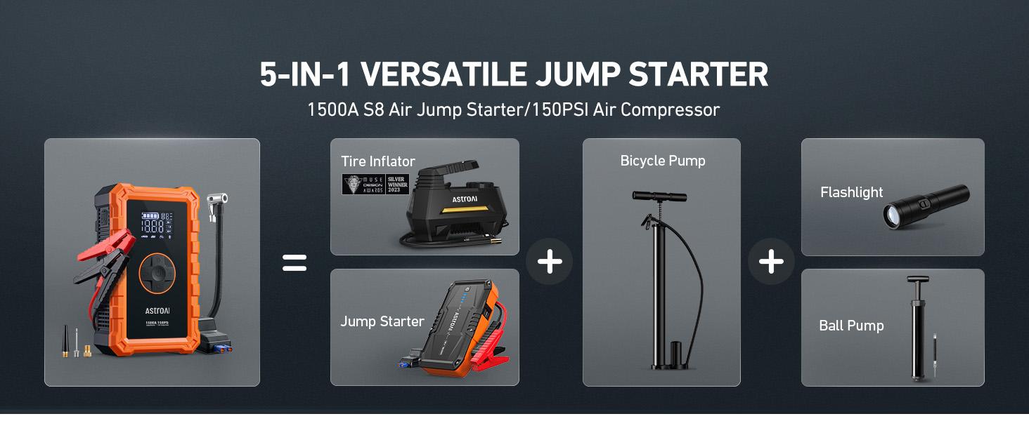 AstroAI S8 Air 7 in 1 10000mAh Battery Capacity Car Battery Jump Starter  with 150PSI Air Compressor, 12V Battery Charger, Compact Design