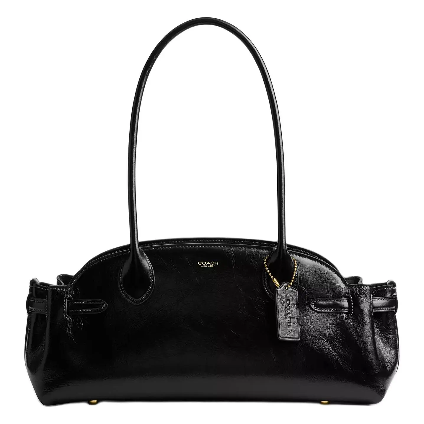 Coach Empire Carryall 34 Large Women's Glazed Leather Shoulder Bag with Metal Logo Zipper Closure in Black