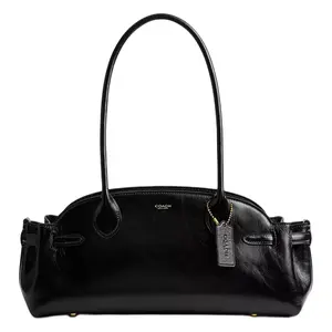 COACH Empire Carryall 34 Glazed Leather Shoulder Bag with Metal Logo Zipper for Women in Black