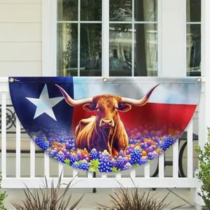 2 Pack Texas Longhorn Cattle Bluebonnet Fan Flag, Nylon Non-Pleated Bunting with Brass Grommets, Outdoor Porch Yard Decor for Texas Pride Home Garden