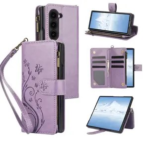 Butterfly PU Leather Zipper Wallet Case for Samsung Galaxy Z Fold 7/6/5/4/3, Magnetic Flip Cover with Card Slot and Lanyard