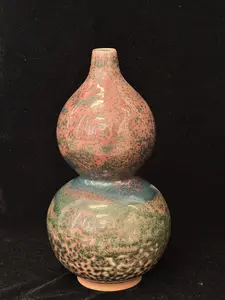 Handmade Chinese Jun Porcelain Gourd Vase, Vintage Kiln-Fired Glaze Ceramic Vase, Unique Asian Art Home Decor