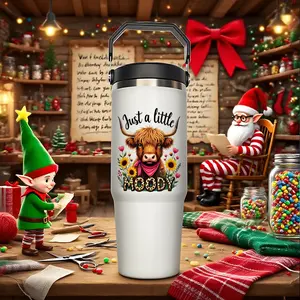30oz Insulated Stainless Steel Coffee Mug with Straw, Christmas Floral Highland Cow Design, Perfect Halloween Gift for Men & Women, Stainless Tumbler