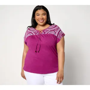 Denim & Co. Textured Knit Dolman-Sleeve Embroidered Top